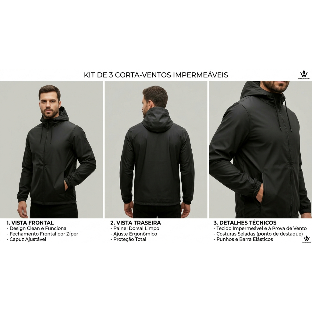 KIT 3 corta vento impermeável preto pronta entrega