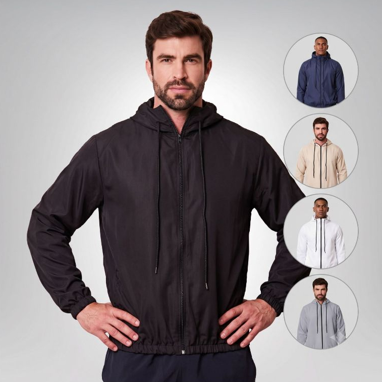 Jaqueta Corta Vento Masculino Impermeável Liso com Bolso Interno e Capuz