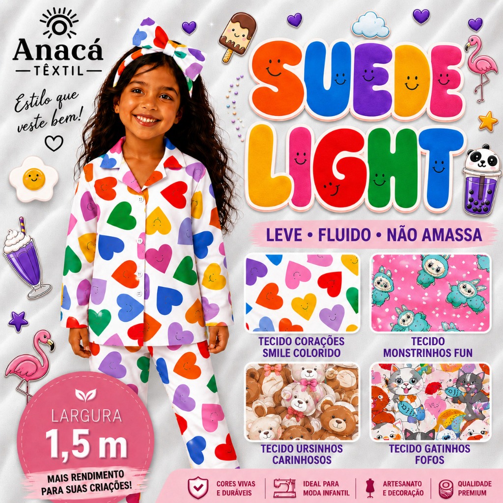 SUEDE LIGHT TECIDO PARA PIJAMA- COLEÇÃO INFANTIL 4 -  URSINHOS, GATOS, CORAÇÃO,  PARA CONFECÇÃO DE VESTIDOS, SAIAS, BLUS