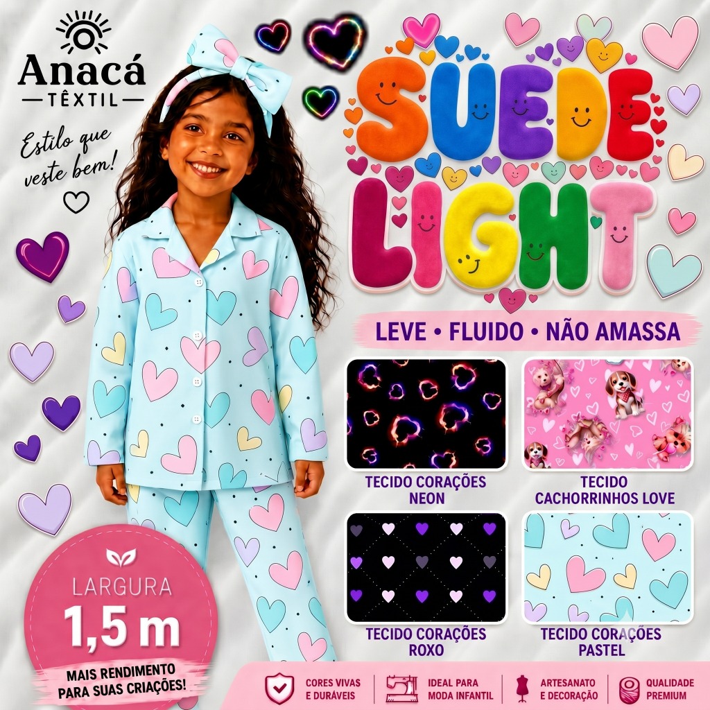 SUEDE LIGHT TECIDO PARA PIJAMA- COLEÇÃO CORAÇÕES-  CORAÇÃO PARA CONFECÇÃO DE VESTIDOS, SAIAS, BLUS