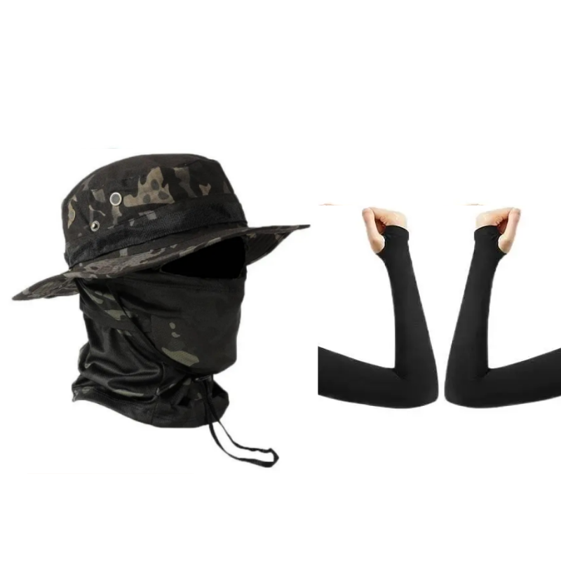 Conjunto 3 Peças de Máscara Facial de Chapéu Boonie Camuflado para Proteção Solar, Mangas Multiuso, Respiráveis e de Aba