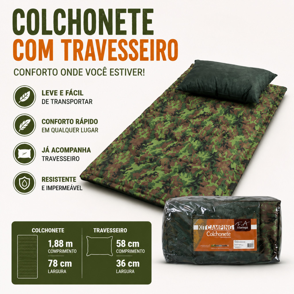 Colchonete Acampamento Camping Solteiro + Travesseiro 1,88x78cm Camuflado Portátil Leve Multi Uso