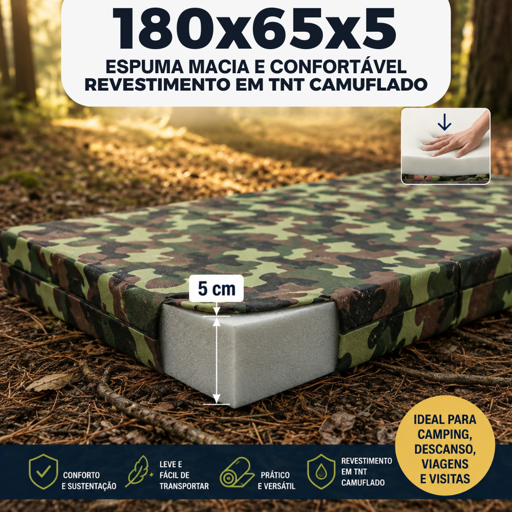 Colchonete de Solteiro Grande Multiuso Para Camping Visitas e Muito Mais Espuma D20 Tecido TNT Camuflado Espessura 5 cm