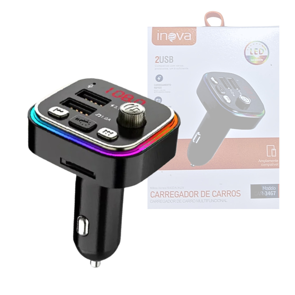 Carregador Transmissor Veicular MP3 Player Bluetooth 02 Portas USB INOVA CAR-3467