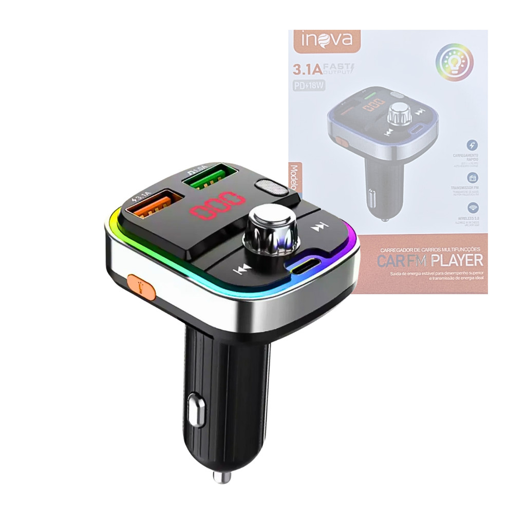 Carregador Transmissor Veicular MP3 Player Bluetooth RGB 18W INOVA CAR-3465