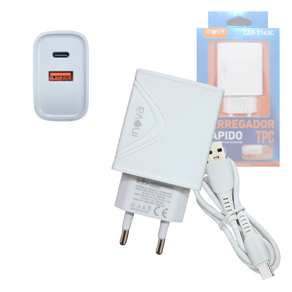 Carregador Completo Rápido 40W USB / TIPO-C de 1 Metro INOVA CAR-3163C