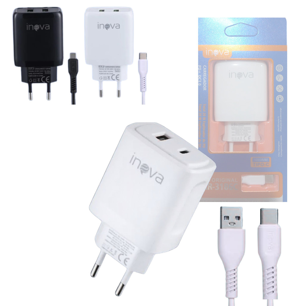 Carregador Completo 40W USB / TIPO-C Cabo TIPO-C de 1 Metro INOVA CAR-3186C