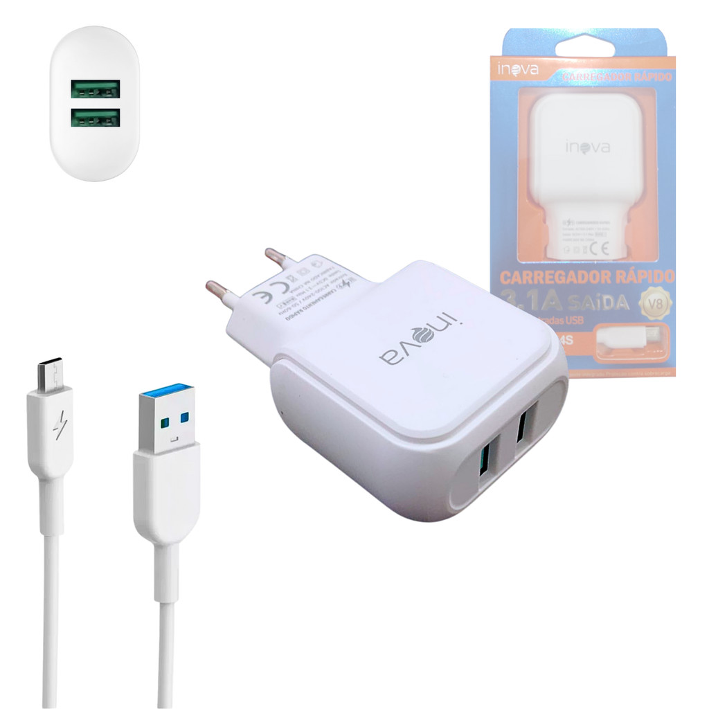 Carregador Completo Rápido 02 Portas USB 3.1A Cabo V8 de 1 Metro INOVA CAR-3294S