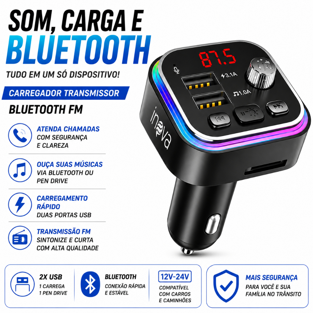 Transmissor Veicular Bluetooth FM Carregador USB MP3 Player 2 Portas USB Mãos Livres INOVA CAR-3467