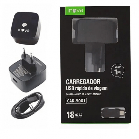 CARREGADOR DE CELULAR + CABO 18W QC 3.0 TURBO V8 INOVA CAR-9001