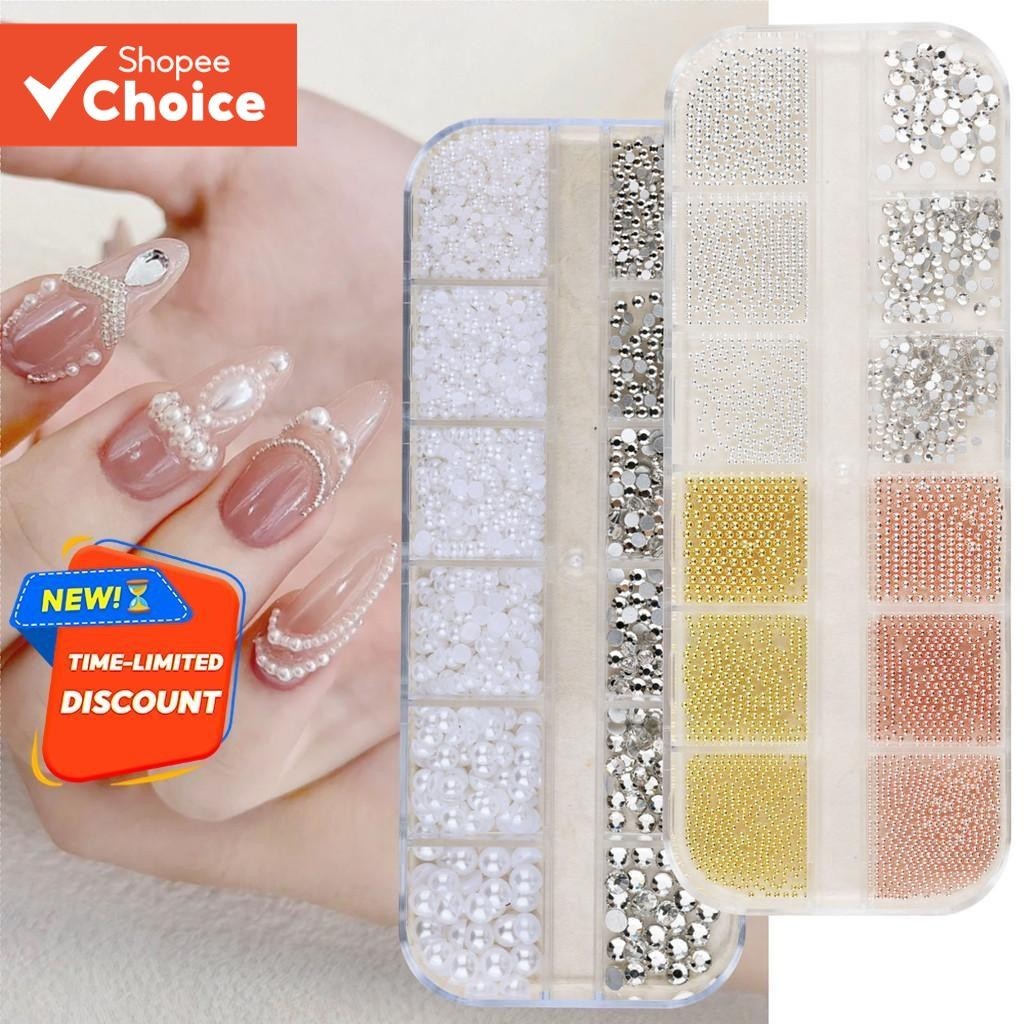 1 Caixa 3D Tamanho Misto Arte Do Prego Studs Ouro Prata Mini Metal Caviar Contas Detalhes Pérola Plana Volta Strass De V