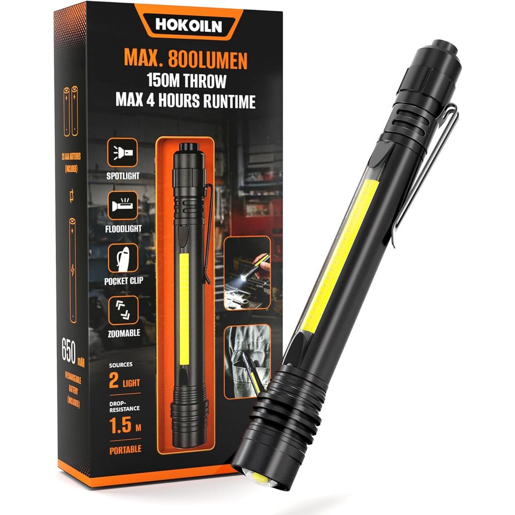 HOKOILN Pen Light, 800 Lumens Pocket EDC Flashlight Rechargeable, Dual Light Sources, Bright Pen Flashlight, Waterproof