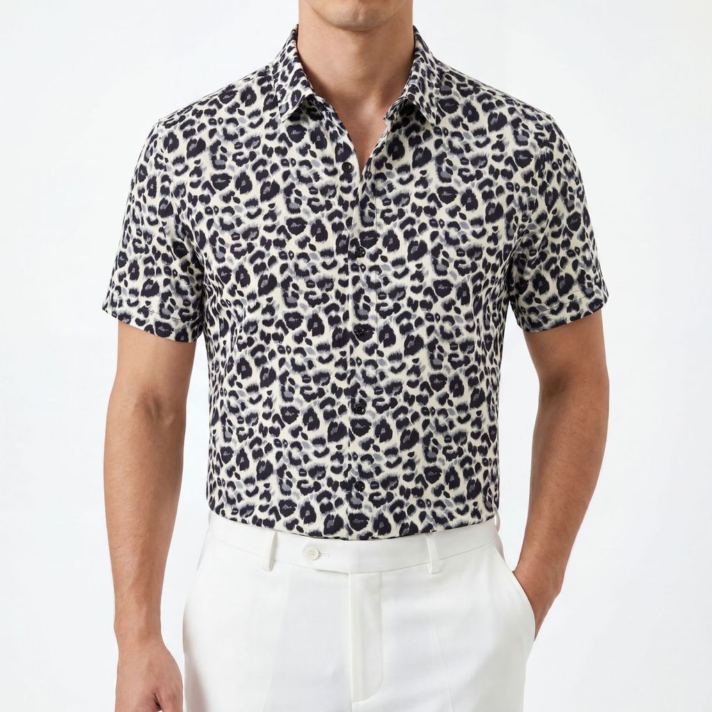 Source Factory Cross-Border Atacado Masculino Wear Light Luxury High-End Preto Branco Estampa de Leopardo Camisa de Mang