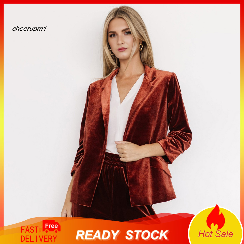 Women Polyester Coat Soft and Comfortable Women’s Velvet Blazer for Office Ruched 3/4 Sleeve Lapel Open Front Cardigan