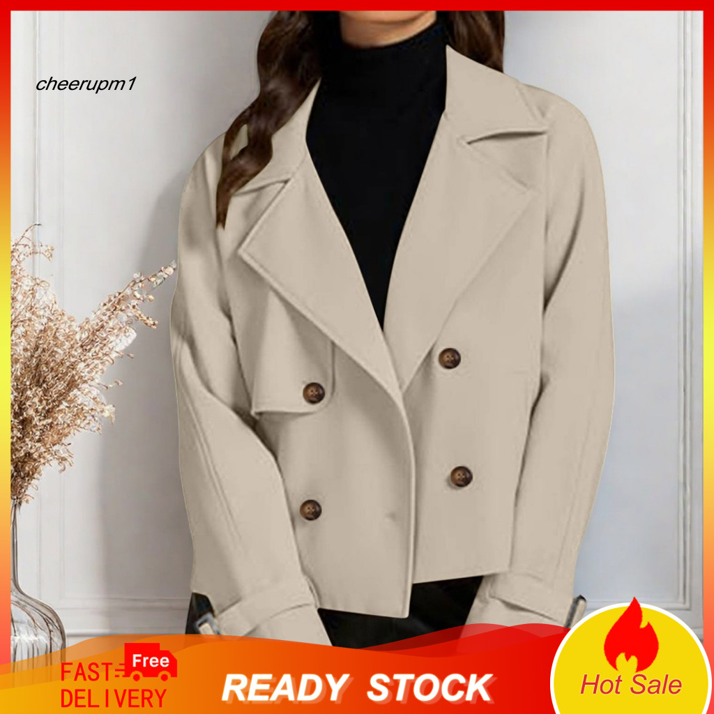 Women Polyester Jacket Comfortable Outerwear Women’s Cropped Trench Coat Double Breasted with Pockets Notched Lapel Sh