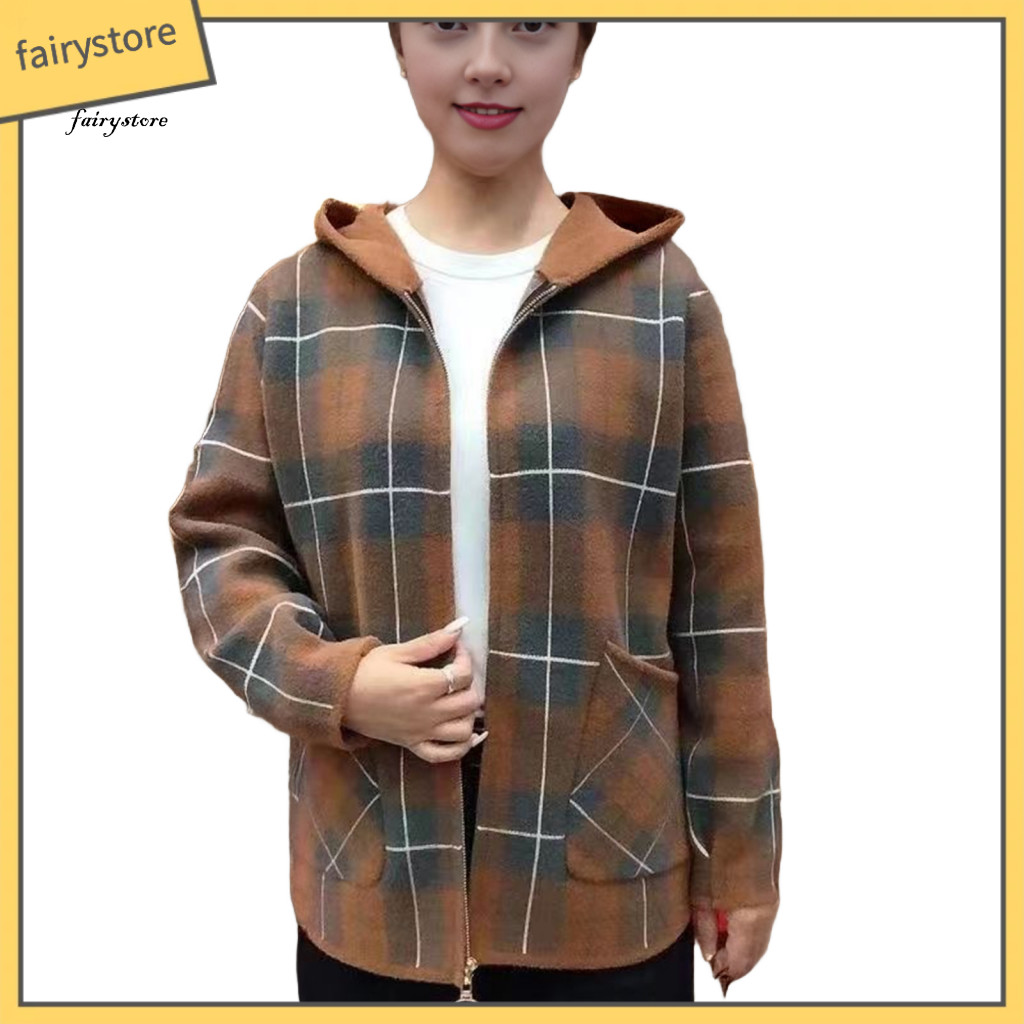Women Polyester Coat Comfortable Jacket with Pockets Women’s Plaid Shacket – Wool Blend Long Sleeve Zip-up Hooded Wa