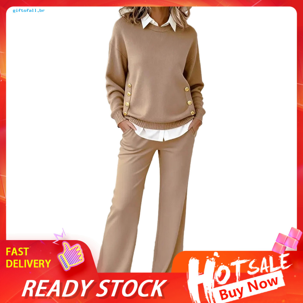 Comfortable Women's Suit Set Polyester Two-piece Outfit Women’s 2-piece Fall Tracksuit – Splicing Fake Collared Swea