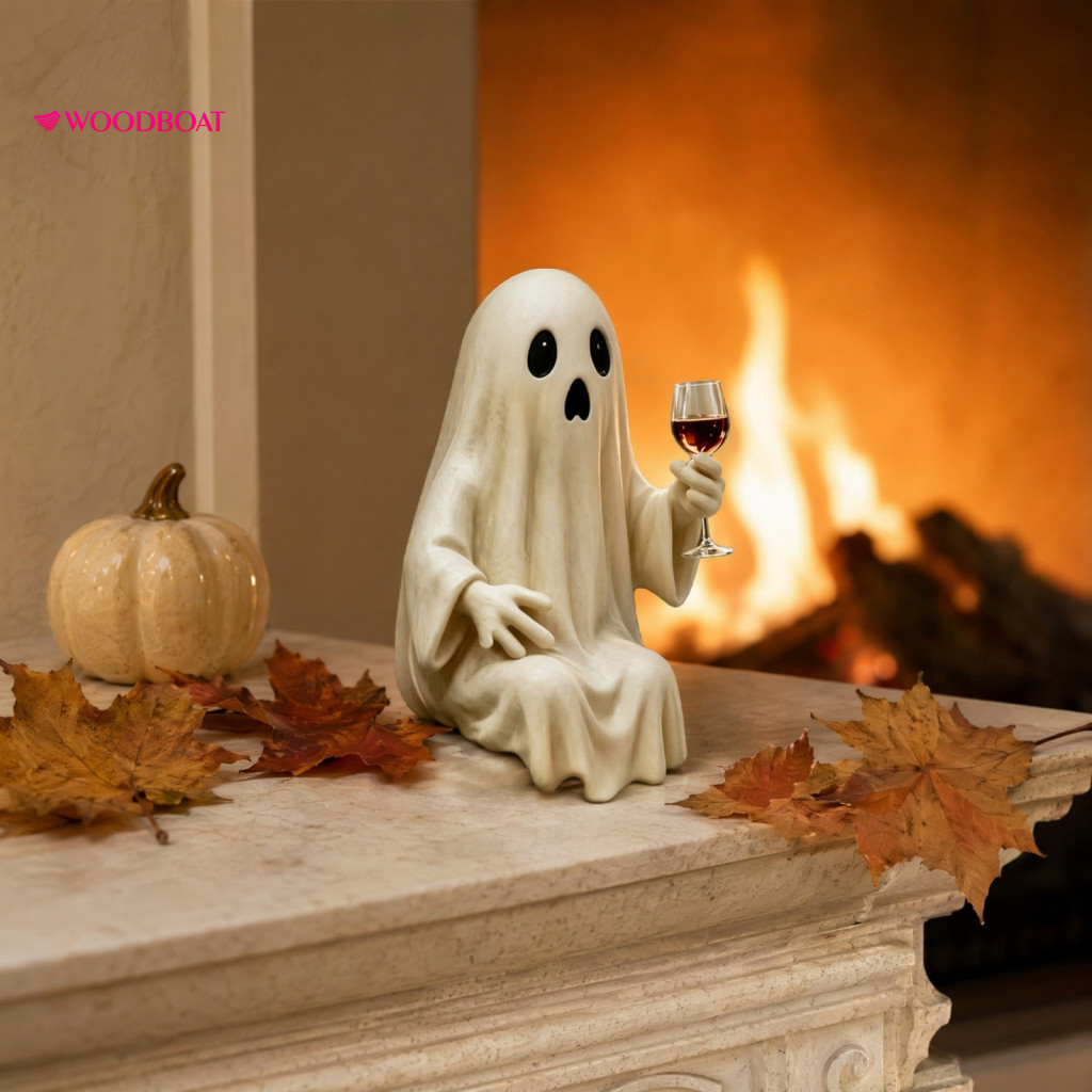Matte Finish Halloween Statue Resin Ornament Ghost Skeleton Figurine Spooky Drunk Holding Wine Glass Sculpture Vintage D