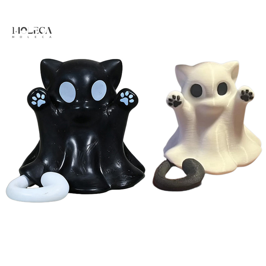 Pvc Cat Sculpture Ghost Figurine for Halloween 2 Pcs Statue Cute Mini Spooky Kitten Ornament Home Office Tabletop for