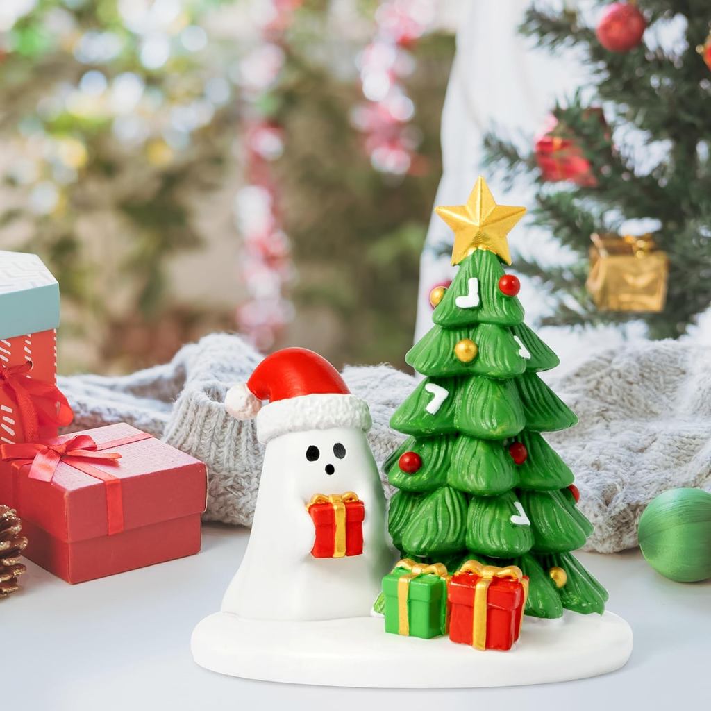 Christmas Ghost Tree Statue Decoration - Cute Ghost Resin Figurine with Santa Hat, Winter Xmas Tree Sculpture Ornament f