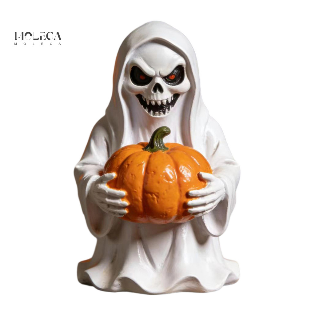Halloween White Ghost Pumpkin Ornament Unique Sculpture for Office Resin Statue Spooky Holding Mini for Garden for South