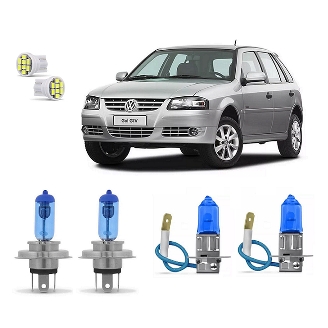 Kit 4 Lampada Super Branca Farol e Milha Gol Parati Saveiro G4 2006 a 2014 8500k H3 H4