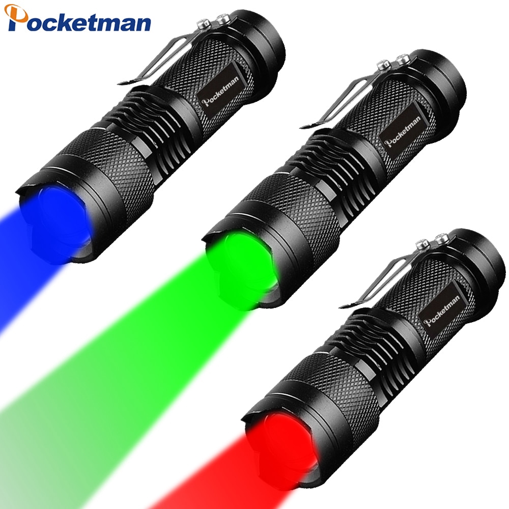 Lanterna Portátil Vermelho / Azul / Verde Luz Lanterna Led 3 Modos Torch Mini Zoom Tocha Lanterna Uso 14500 Bateria