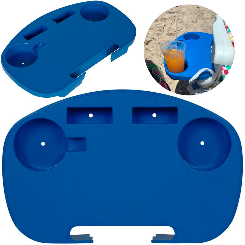 Mesa Portátil para Cadeira de Praia Azul Porta Copos e Celular Camping