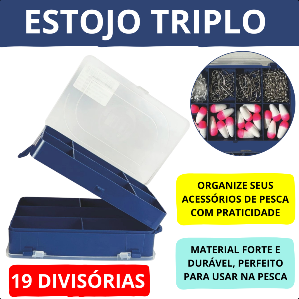 Estojo de Pesca Caixa Triplo Azul 19 Divisórias HI Azul Portátil Ideal para sua Pescaria