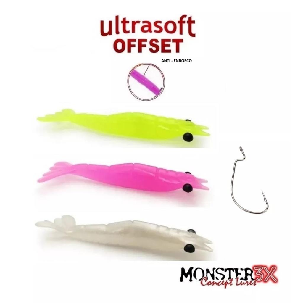 Isca Monster 3x Camarão ULTRASOFT OFFSET 7,5cm Cartela Com 3 Unidades ANTI - ENROSCO + Anzol Offset