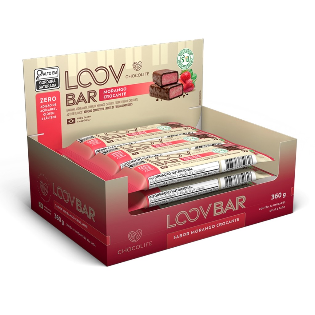 Caixa Barra Chocolate Recheado Morango Crocante 360g Chocolife