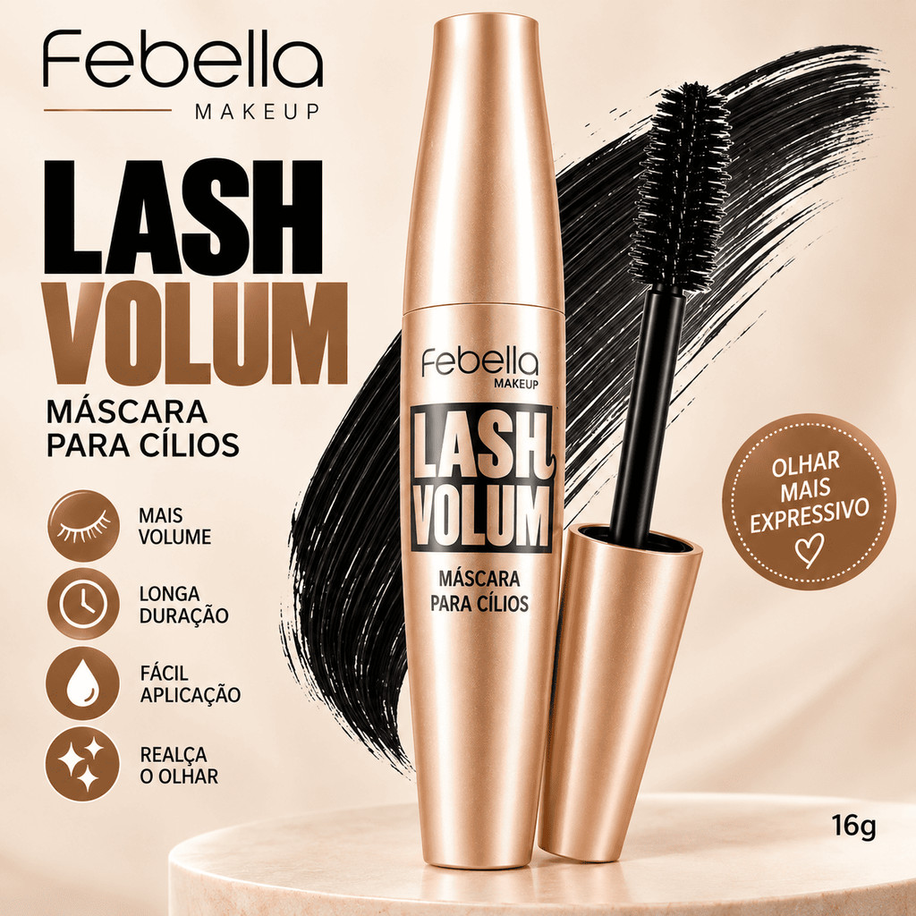 Rímel Máscara de Cílios Febella Lash Volum 16g Super Volume e Definição