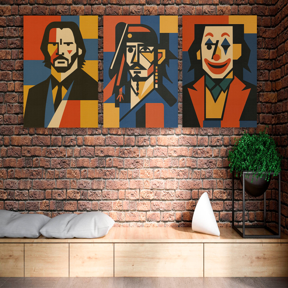Quadro decorativo coringa john wick johnny depp famosos abstrato geometrico para parede decoração quarto sala 3 peças