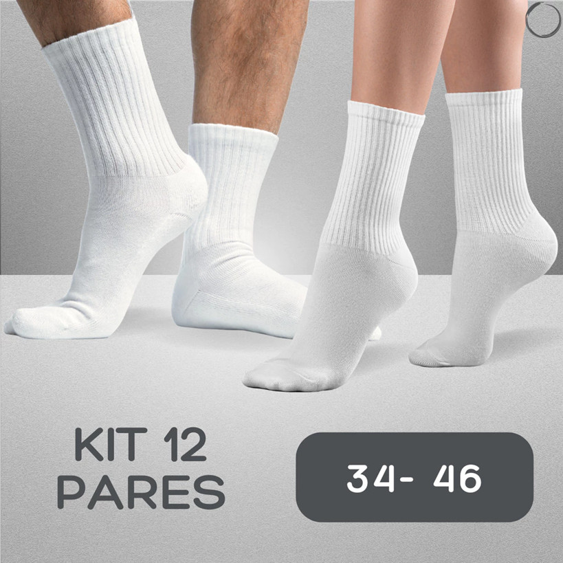 Kit Até 12 Pares Meia Branca Cano Alto Unissex Lisa Premium Respiravel