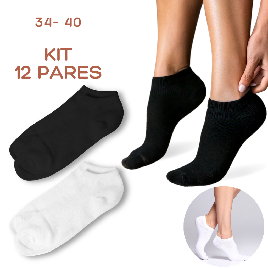 Kit Até 12 Pares Meia Feminina Soquete Curto Respiravel Confortavel Preto E Branco