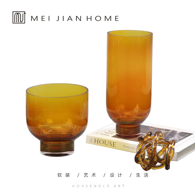 Modern minimalist European-style light luxury wide-mouth gray caramel-colored glass vase ornament for model homes and re
