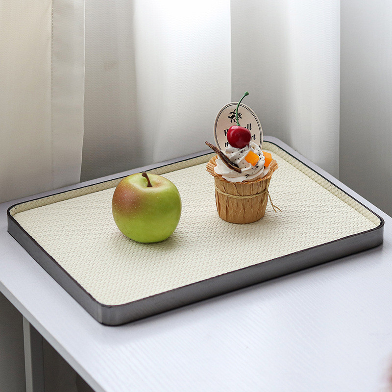 Light luxury woven leather tray decoration for living room, bedroom, hotel, minimalist model home, rectangular storage t