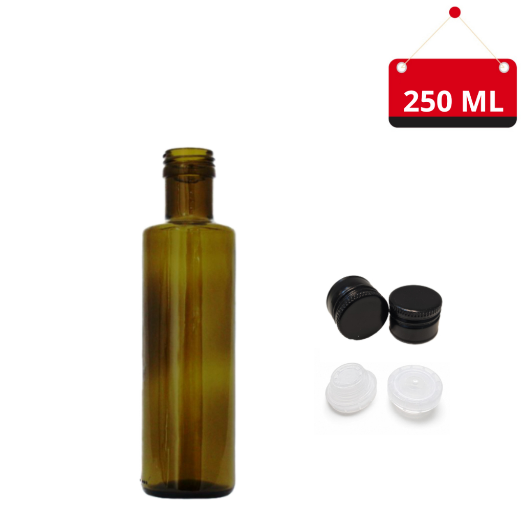 30 Un. Garrafa de vidro Verde escuro 250 ml com tampa PRETA com bico dosador e lacre, ideal para Azeites