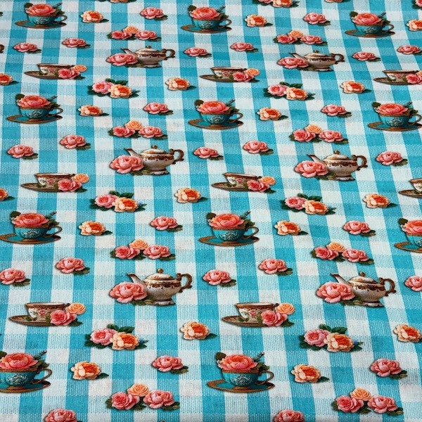 Tecido Tricoline Rotativo Vintage Retro Xícara Bule De Chá Fundo Xadrez Azul Flores Rosa Laranja