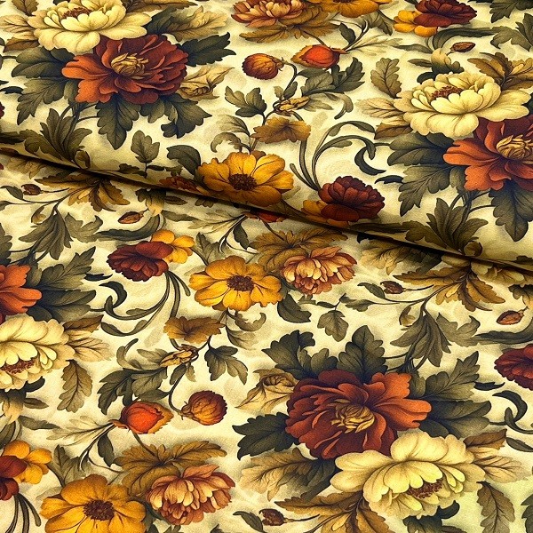 Tecido Tricoline Floral Bege Amarelo e Terracota Vintage Fundo Bege