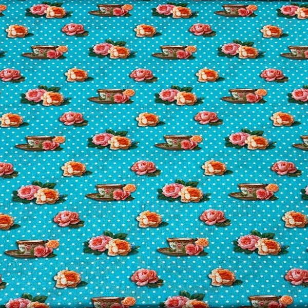 Tecido Tricoline Rotativo Vintage Retro Xícaras Floral Fundo Poa Azul