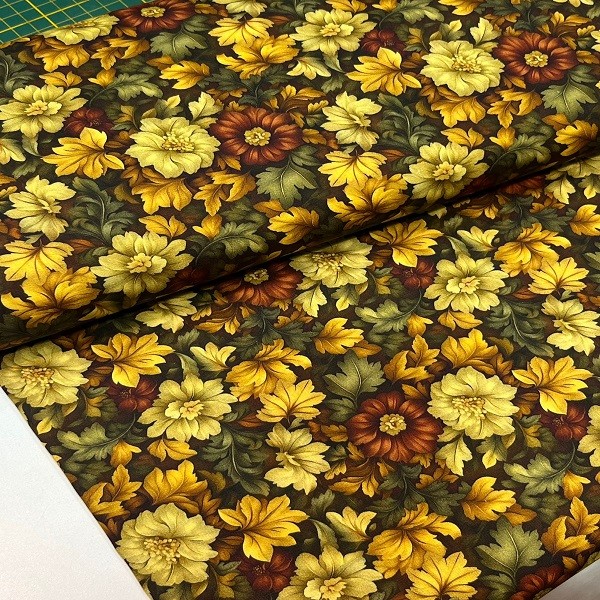 Tecido Tricoline Digital Floral Amarelo Mostarda Terracota e Folhas Amarelas e Verdes Vintage