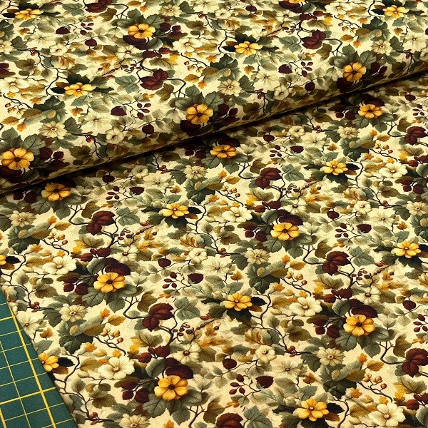 Tecido Tricoline Digital Mini Floral Amarelo Mostarda Folhas Vermelhas e Verde Fundo Bege Vintage