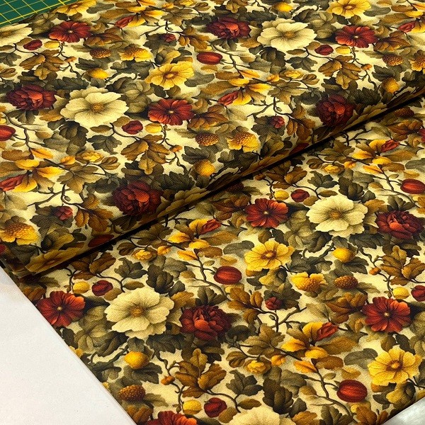 Tecido Tricoline Digital Floral Amarelo Mostarda Bege e Terracota Vintage
