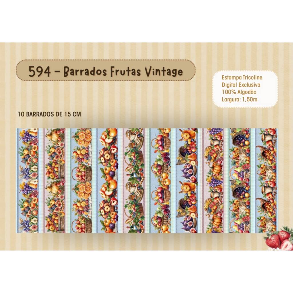 Tecido Tricoline Digital Barrado Frutas Vintage, 100% Algodão, 55cm x 1,50mt