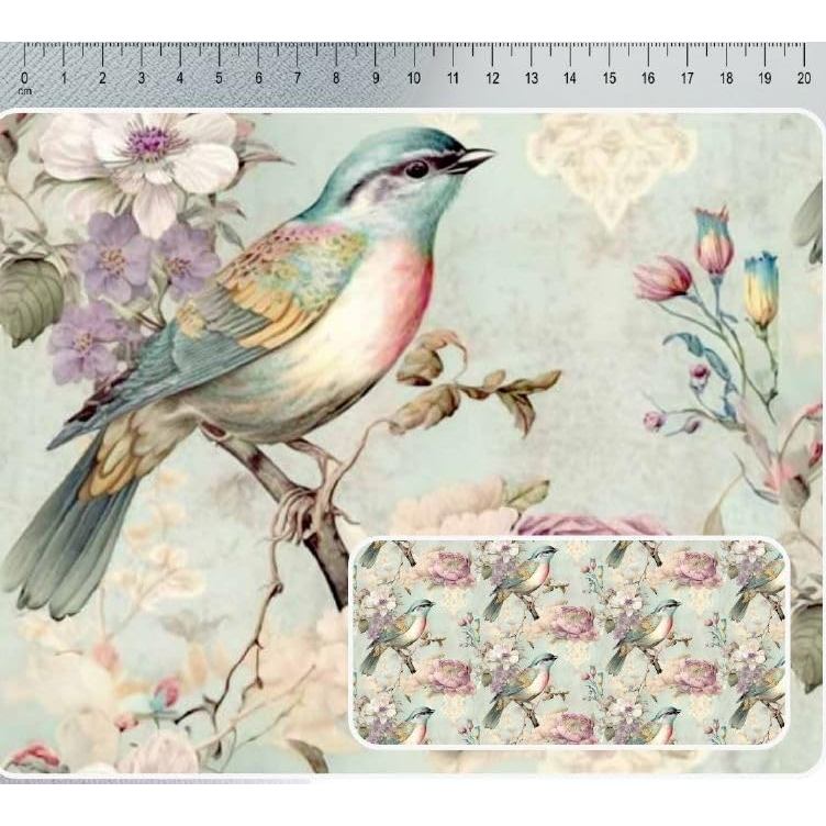 Tecido Sarja Digital Vintage Birds Pássaros e rosas fundo azul 50 x 170 cm