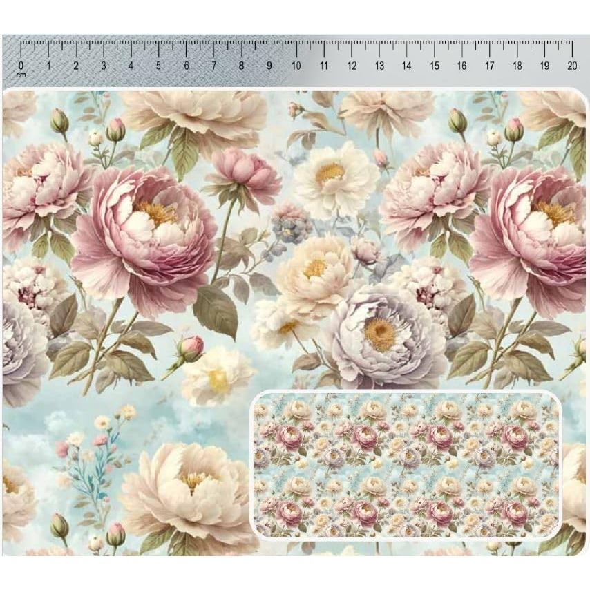 Tecido Tricoline Digital Vintage Birds Rosas fundo azul 50 x 150 cm