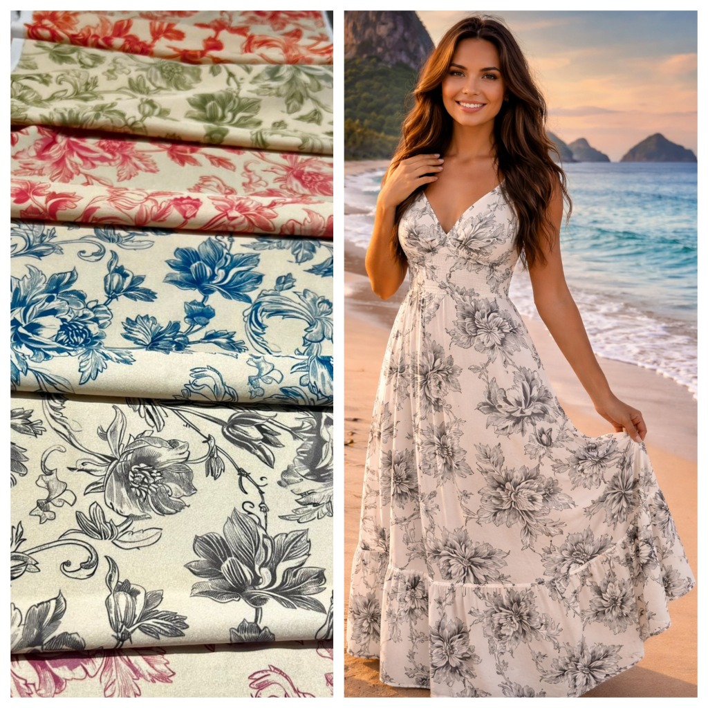 TECIDO CREPINHO FLORIDO VINTAGE ROMÂNTICO  FUNDO BEGE PARA CONFECÇÃO DE VESTIDOS, SAIAS, BLUSAS, ETC.
