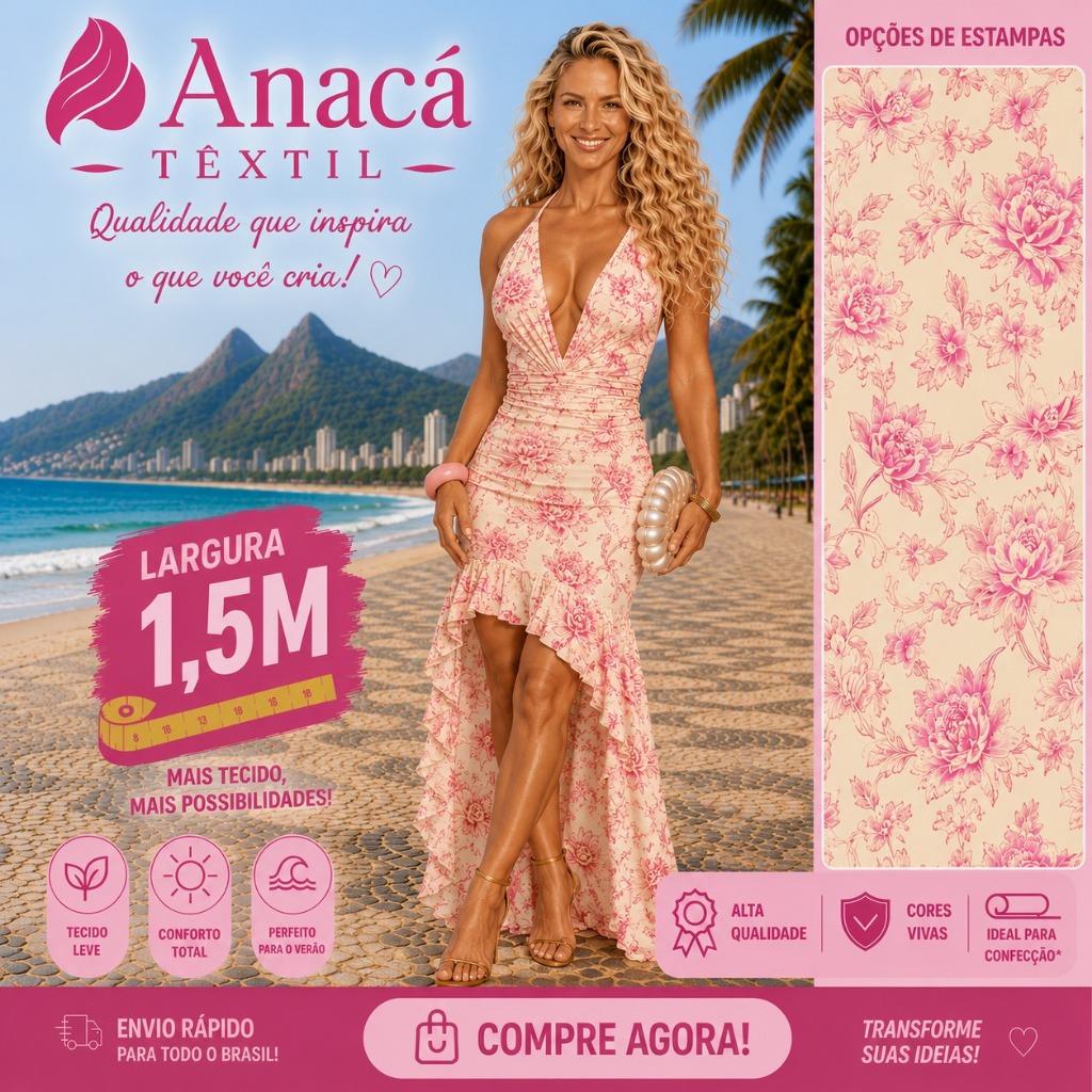 TECIDO CREPINHO FLORIDO VINTAGE ROMÂNTICO  FUNDO BEGE PARA CONFECÇÃO DE VESTIDOS, SAIAS, BLUSAS, ETC.