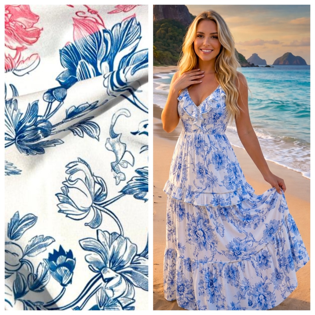 TECIDO FLUID FLORAL VINTAGE ROMÂNTICO FUNDO BRANCO PARA CONFECÇÃO DE VESTIDOS, SAIAS, BLUSAS, ETC.